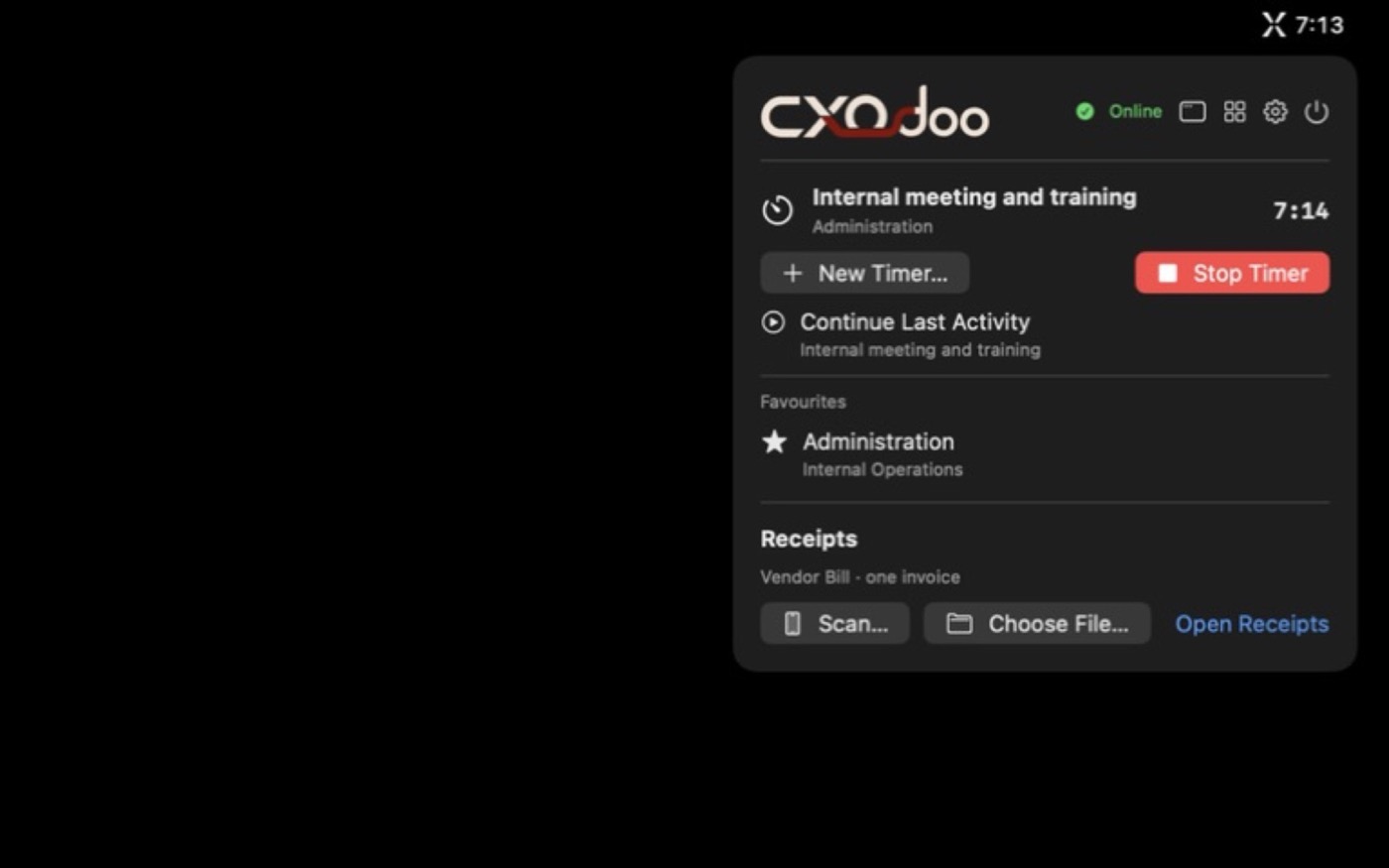 CXOdoo Mac menu-bar pop-out with running timer and receipt actions